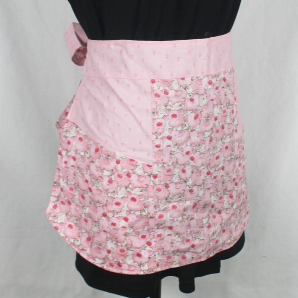 Pink Pig Adult Half Apron Handmade Cotton Reversible Large Pockets Pink Ties